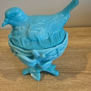 Vintage Westmoreland Blue Milk Glass Robin on Nest Footed Bowl